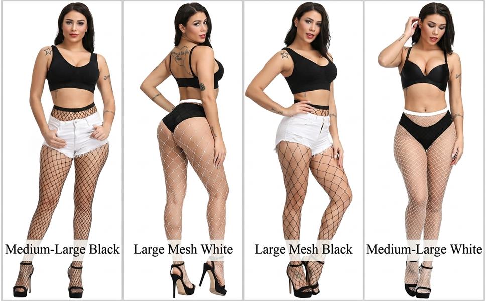 Medium-large black diamond mesh tights styled with white shorts